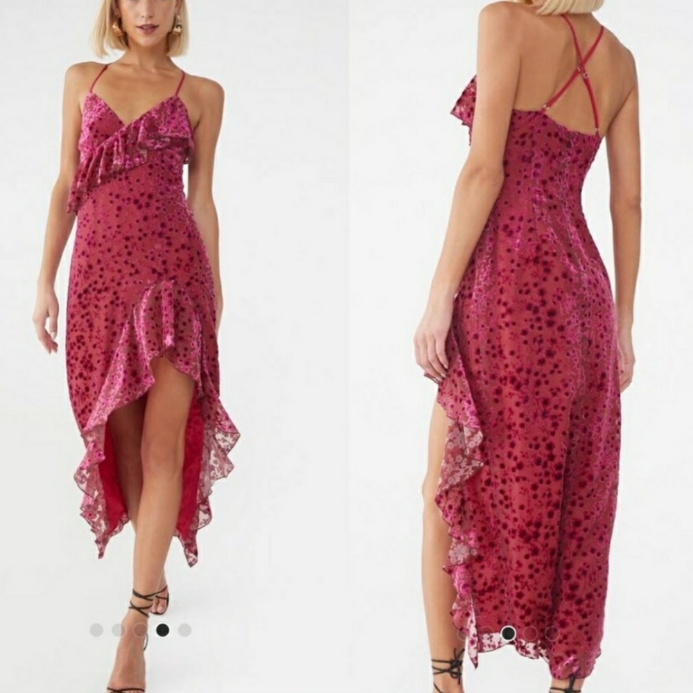 Rare Velvet High Low Ruffle Hem Magenta Floral Dress